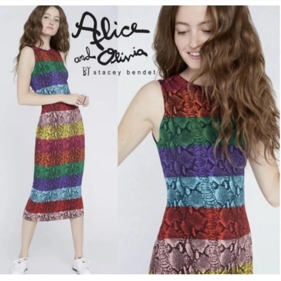 Alice + Olivia Delora Rainbow Snake Print Midi Dress Size 0 NWT $395 - Picture 12 of 14